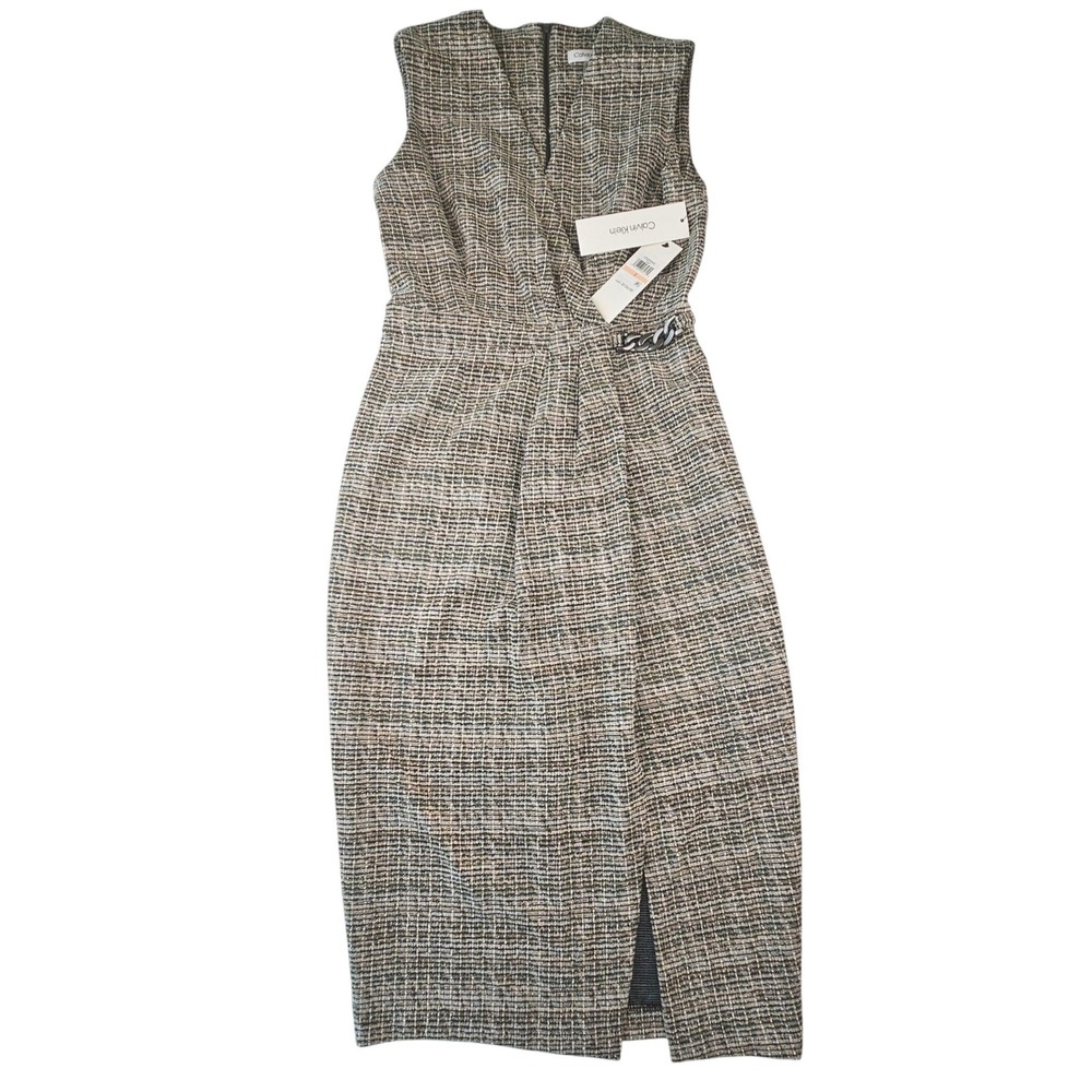 Calvin Klein Womens Tweed Sheath Dress Sleeveless V-Neck Chain CD4T2DV0 Size 2